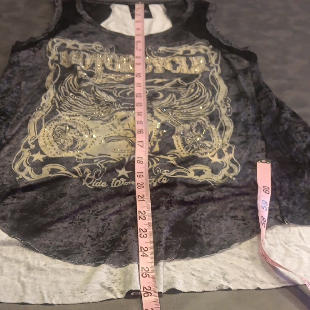 NEW! Vocal Motorcycle Charcoal Graphic Tank Top With Lace Details & Embellished - Picture 12 of 13